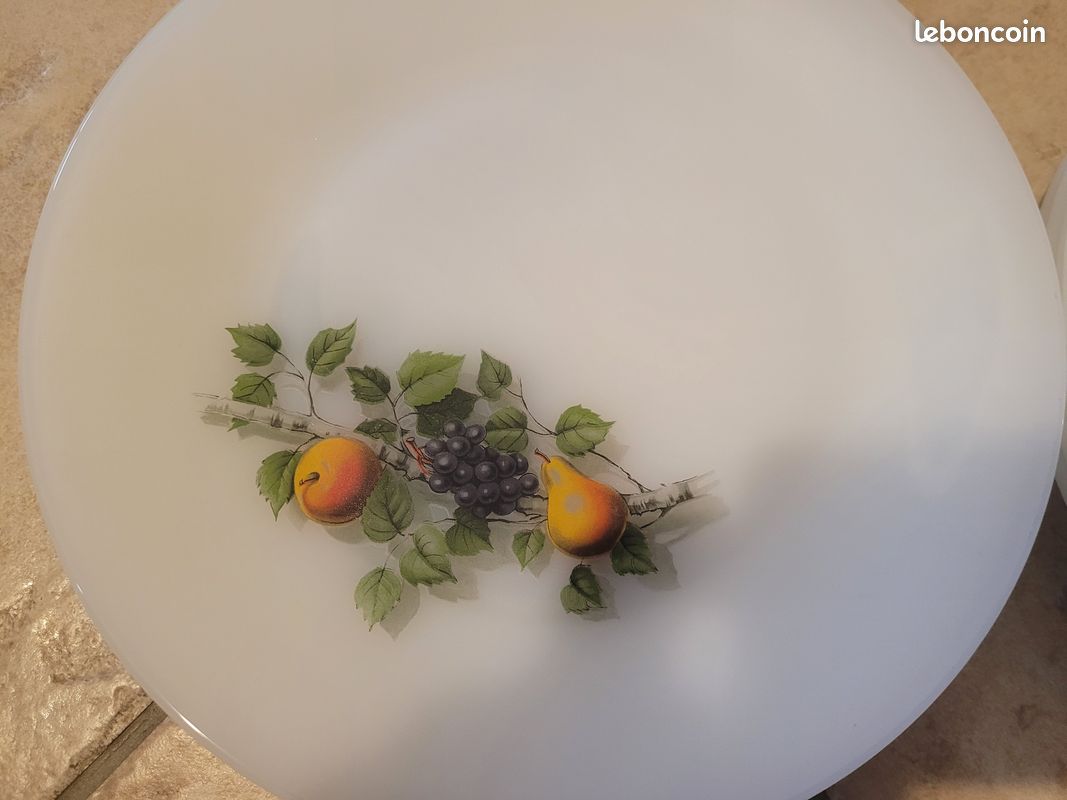 Lot Vintage 3 Assiettes à Dessert + 1 Plat Creux Arcopal Fruit - Verre Imprimé Multicolore
