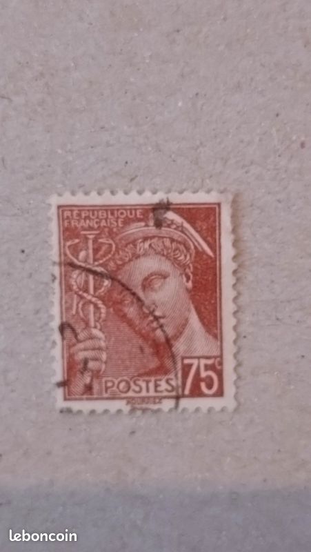 Timbre oblitéré type Mercure 1938-41 (75c brun-rouge) YT 416A (image 1)