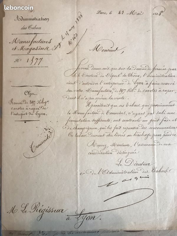 50 lettres administration des tabacs - manufacture tabac de Lyon 1813 à 1838 (image 11)