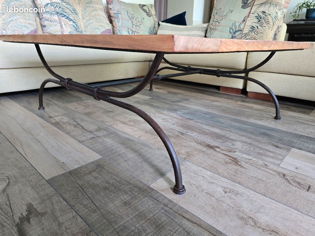 Table basse fer forgé plateau de verre et bois massif (image 3)