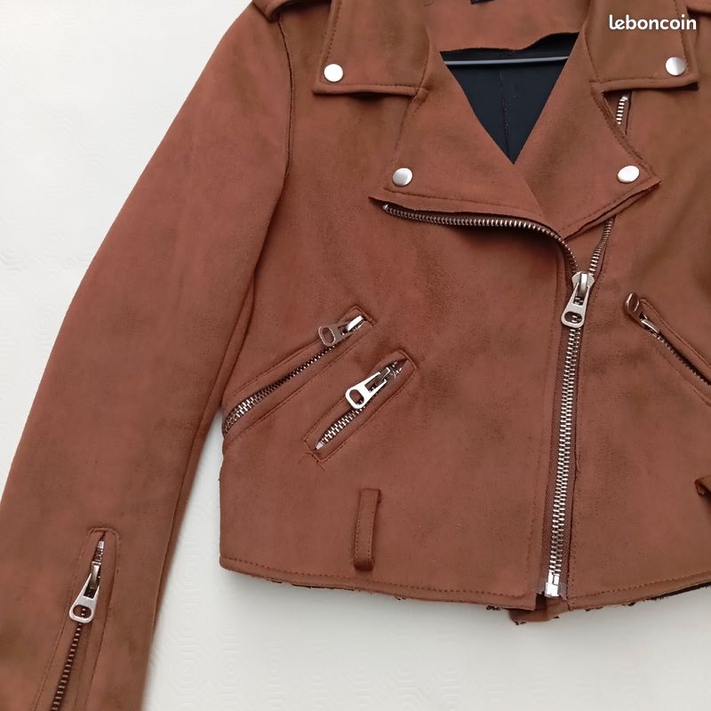 Veste Courte Zippé en Daim Pour Femme Taille Perfecto Marron
