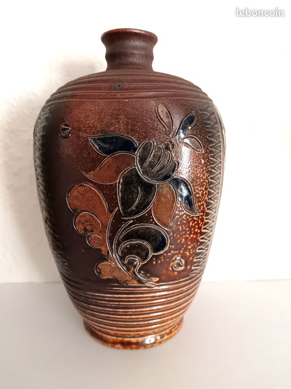 AJC ? Ancienne poterie grès motif floral (image 3)