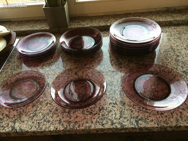 8 Assiettes Plates Vereco Duralex Vert Bleu Ambre - Vintage - Occasion En Bon état