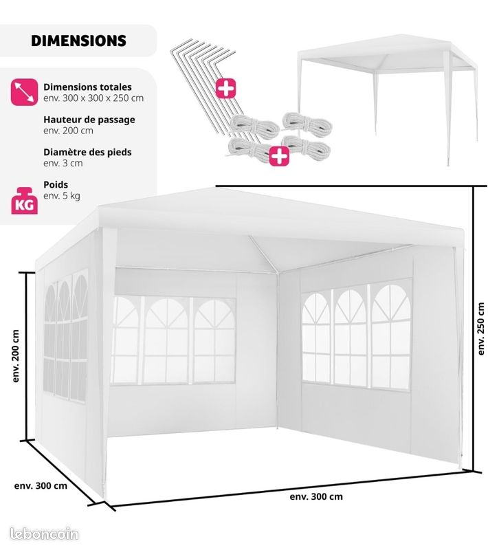 Tonnelle de Jardin 3 x 3 m en Acier époxy Tente de réception, Imperméable, 3 Parois, Piquets & Cordes de Tension Inclus, Tonnelle terrasse Exterieur Tente de réception Mariage Baptême (image 2)