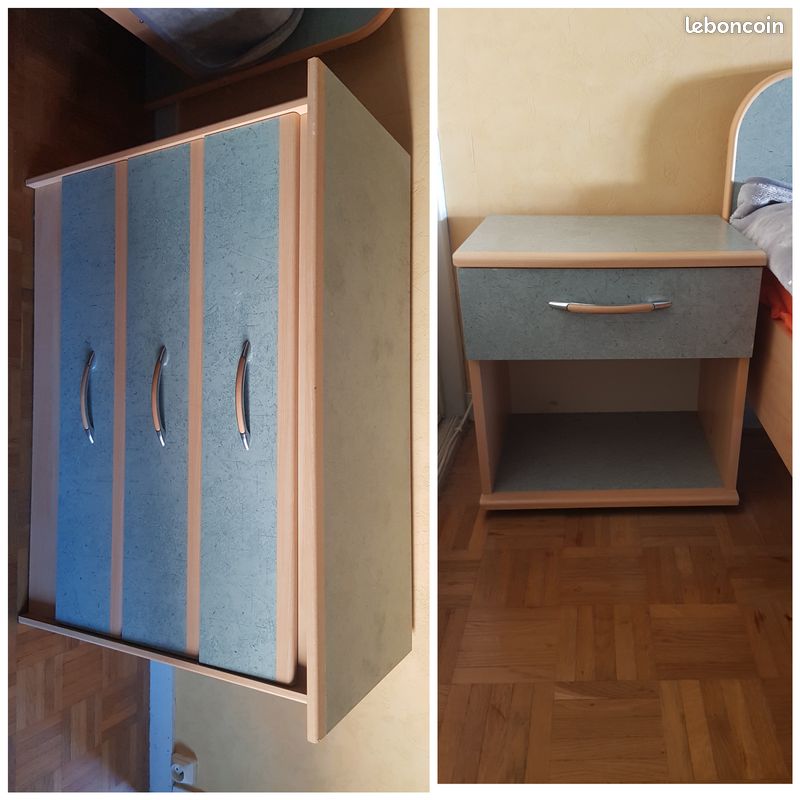 Chambre: lit, commode, matelas neuf, table de chevet et bureau (image 3)