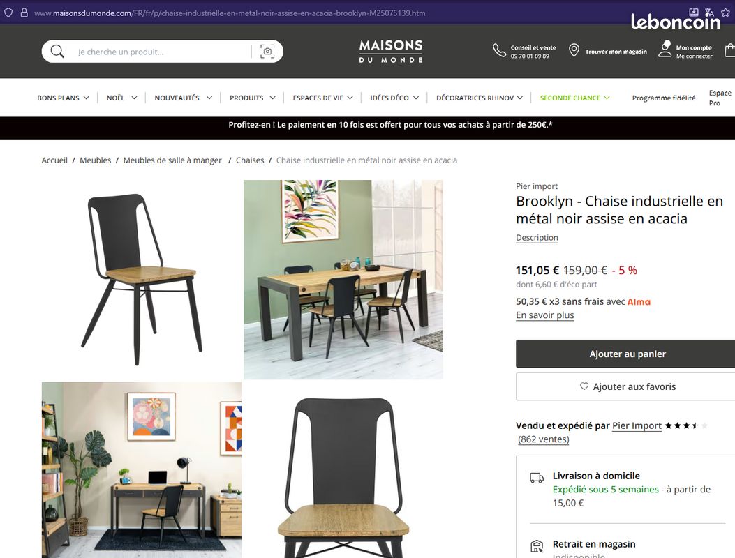 Lot TABLE tonde pedesstrale ET 4 CHIAISE. STYL INDUSTRIEL CHIC . De MAISON DU Monde (image 4)