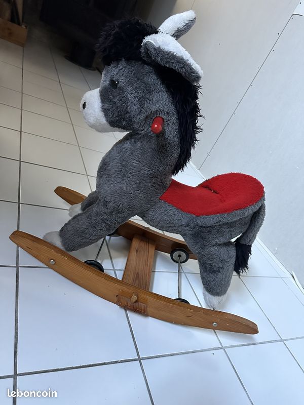 Âne à bascule vintage peluche brun selle rouge patins bois – jouet enfant ancien - Collection