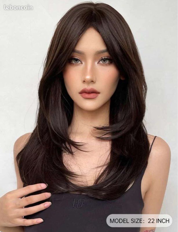Perruque Synthétique Longue Noire Lisse Avec Frange - Bonnet Moyen + 4 Bonnets Offerts, Neuf Sans étiquettes