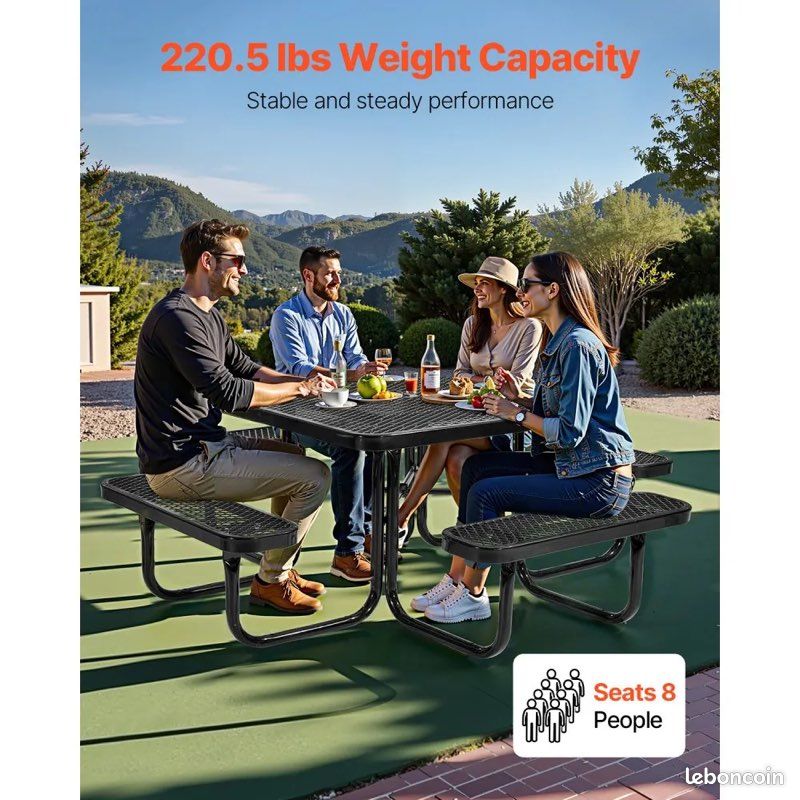 Table de pique-nique carrée VEVOR avec 4 bancs, ensemble de mobilier de jardin résistant aux intempéries pour terrasse, tables en acier revêtu avec trou pour parasol (image 3)