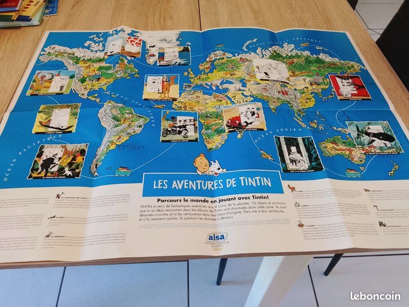 Tintin Alsa 1991 – Grande carte du monde complète avec 12 autocollants – Hergé (image 1)