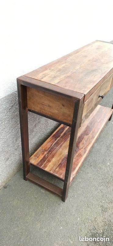 Console en bois ancien avec pieds métal 2 tiroirs (image 5)