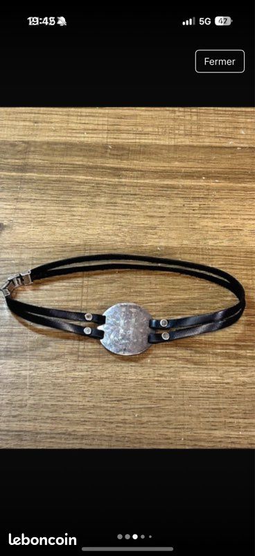 Bracelet Vintage Femme Signé GAS BIJOUX - Argenté Et Cuir - Occasion