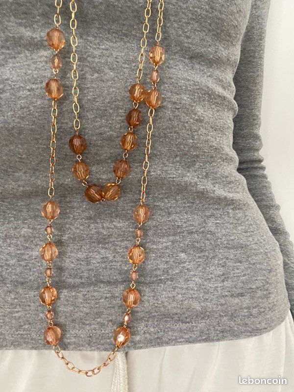 Collier Sautoir Fantaisie Perles Et Fleurs Marron - Multirang, Cadeau Idéal - Neuf