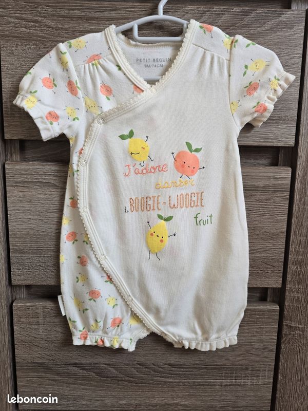 Vêtement Bébé Barboteuse fruit Petit Béguin- mois 74 cm