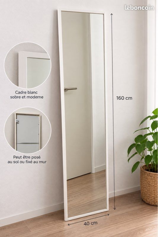 Miroir mural / sur pied 160 × 40 cm – Cadre blanc (image 2)