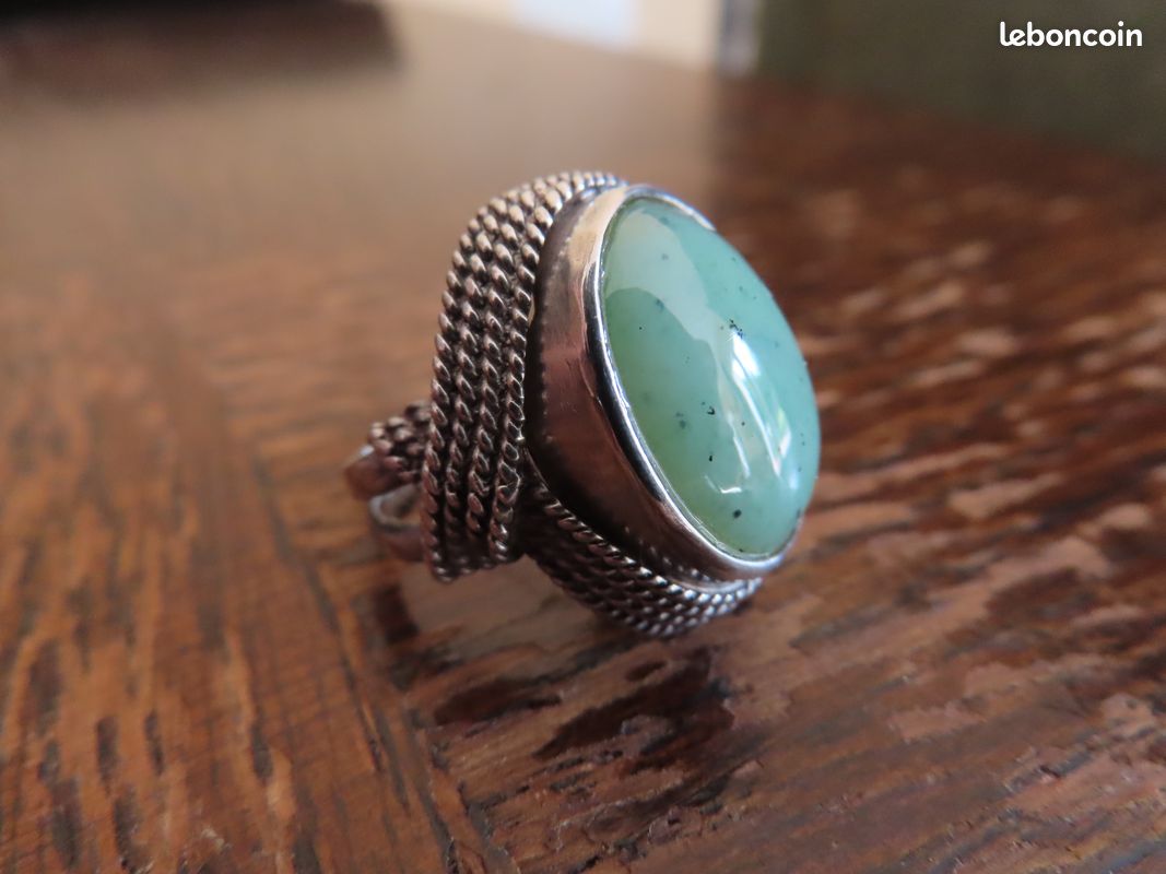 Bague Ancienne ART DÉCO En Argent Sterling - Sertie D'une Aventurine - Taille 53 - Très Bon État