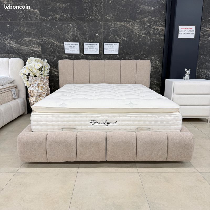 Lit coffre BUBBLE Dallas beige tissus chenille 160x200 avec sommier intégré et matelas en option 140x190 180x200 90x190 (image 4)