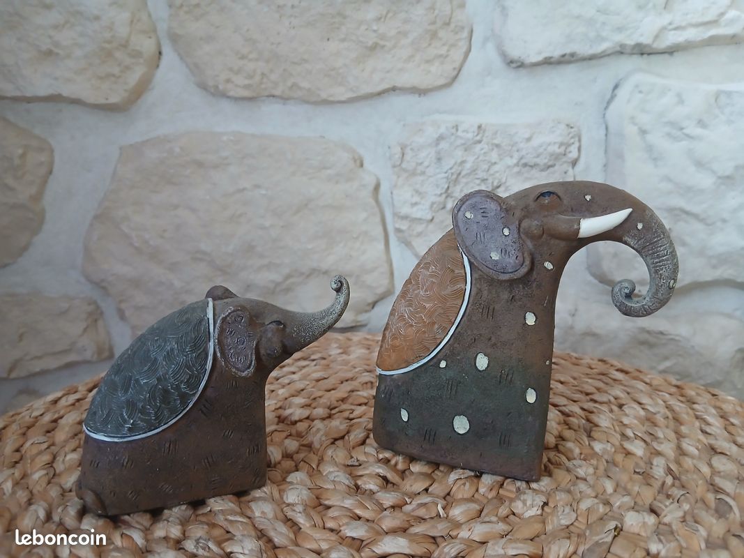 Lot de 2 statues éléphants résine imitation pierre bohème (image 3)