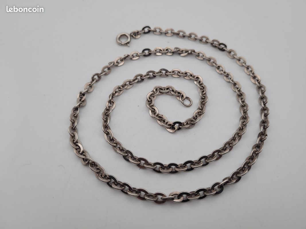 Collier Chaîne En Argent Massif 925 - Maille Art Nouveau Avec Anneaux Décoratifs - Occasion