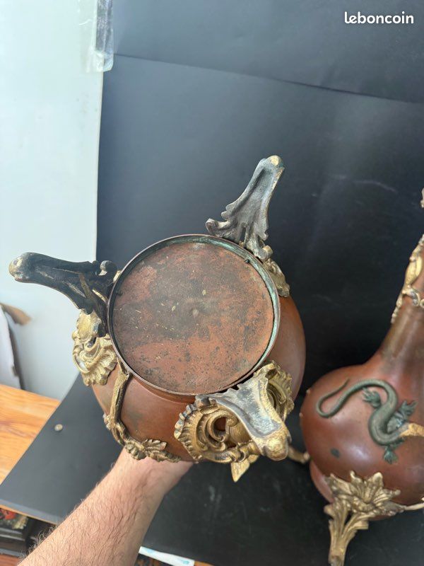 RARE Antique Napoleon III Japonisme Vases Pair Bronze Lizards Papillon France (image 8)