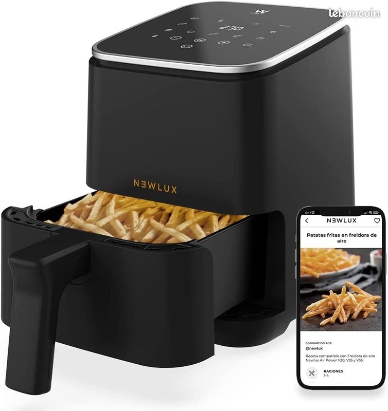 NEWLUX - Friteuse sans huile 2 l Air Power V20 (1200 W) avec 8 programmes et panneau LED tactile. Friteuse à air 2 l (jusqu'à 230 ℃) pour 2 personnes avec application de recettes sans PFOA | Noir (image 1)