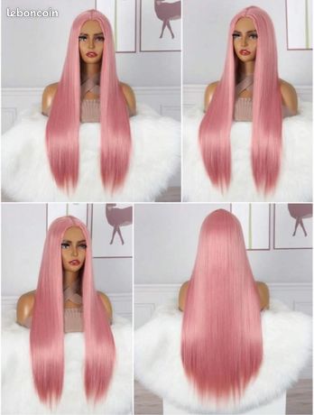 Perruque Synthétique Vieux Rose Longue Cheveux Lisses - Avec 4 Bonnets Taille Moyenne Femme