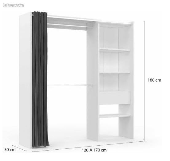 Dressing Extensible 120 à 170 cm – Double Penderie & 4 Étagères – Armoire Ouverte avec Rideau Gris – Coloris Blanc Moderne – Hauteur 180 cm (image 2)