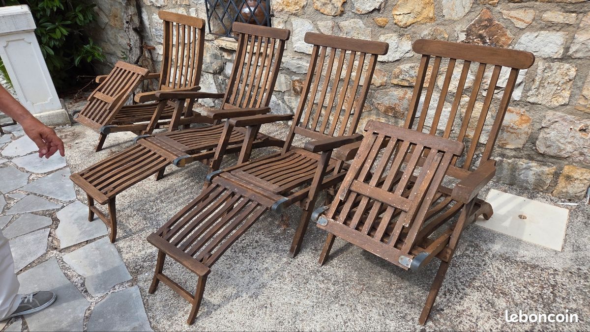 Lot de 4 chaises longues / transats en teck massif (image 1)