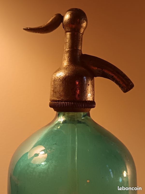 Siphon eau de seltz ancien en verre bleu turquoise – début XXe siècle – vintage déco (image 4)