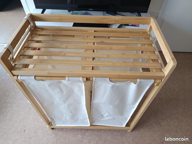 SONGMICS Panier à Linge 100L 2 Compartiments Bambou - Avec Étagère Et Poches, Blanc Crème, Robuste Et Élégant