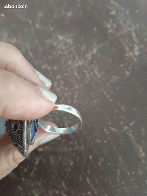 Bague visage lapis lazuli casque surmonté pierre topaze bleue sur argent 925 taille 57 (image 4)