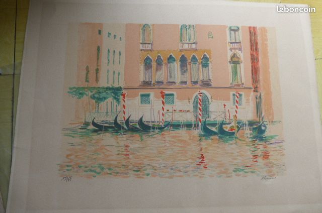 Grande lithographie signée (illisible) : Vue de Venise avec gondoles (image 1)
