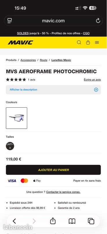Lunettes Mavic MVS Aeroframe Photochromic CAT 1-3 – Neuves jamais utilisées (image 2)