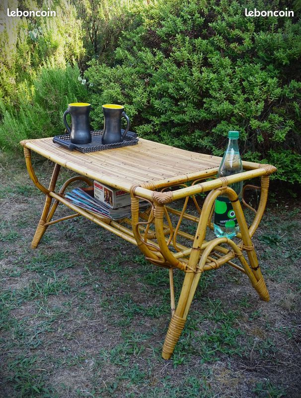 Table Basse Bambou Rotin Osier Design Bar Porte Revues Rétro Vintage Tiki 60 70's (image 15)