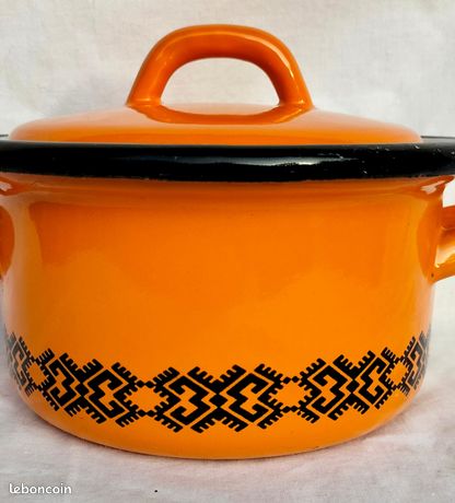6⚜️ Ancien Pot Chaudron Cocotte Marmite en Tôle Émaillés Orange Vintage 6⚜️ Ancien Pot Chaudron Cocotte Marmite en Tôle Émaillés Orange Vintage