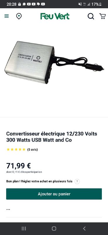 Convertisseur électrique 12/230 Volts 300 Watts USB Watt and Co - Feu Vert