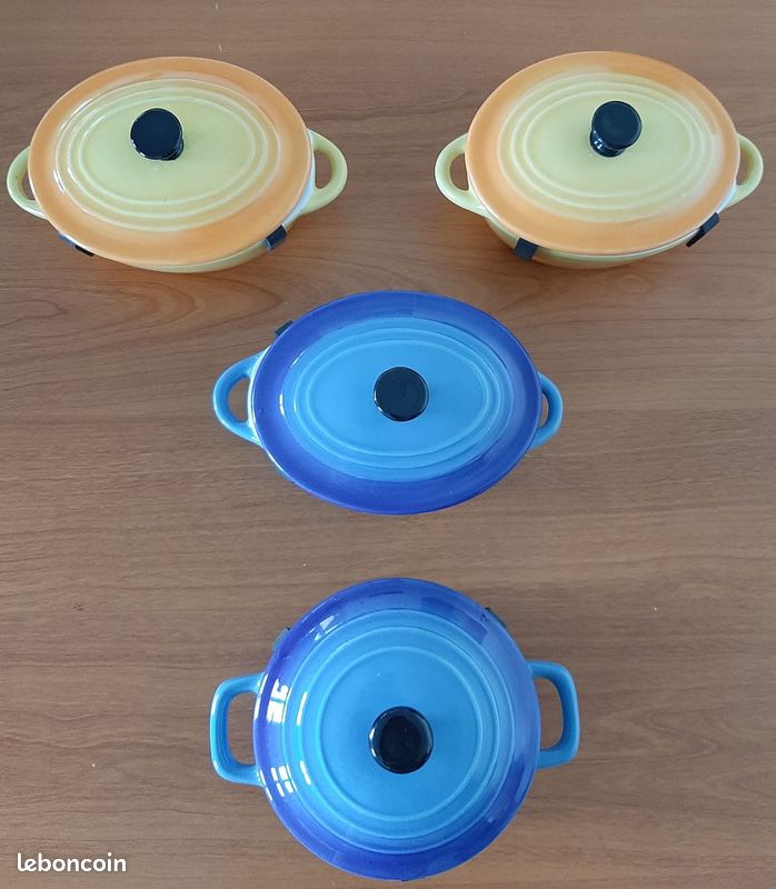 Belle Vous Lot De 4 Mini Cocottes Céramique 170 Ml Bleu Marine - Avec Couvercles & Poignées - Idéales Pour Crème Brûlée, Soufflé, Lasagnes
