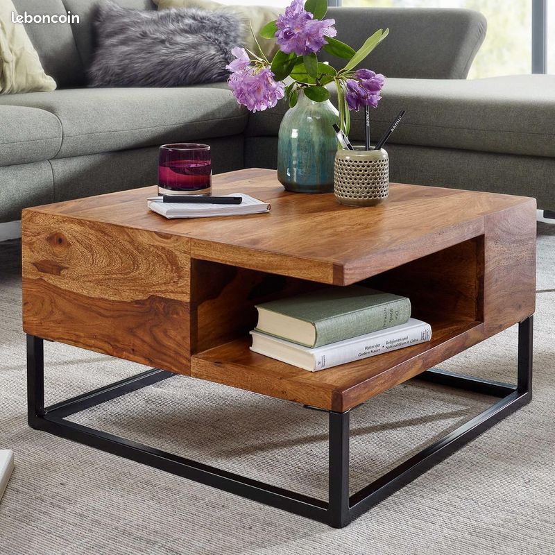 Table Basse Artisanale en Bois de Sheesham Massif – 60x60 cm – Design Industriel avec Compartiment de Rangement – Piétement Acier Noir (image 4)