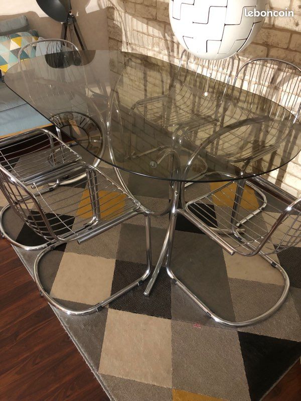 Ensemble Table Et 3 Chaises Vintage Gastone Rinaldi - Métal Argenté - Années 70