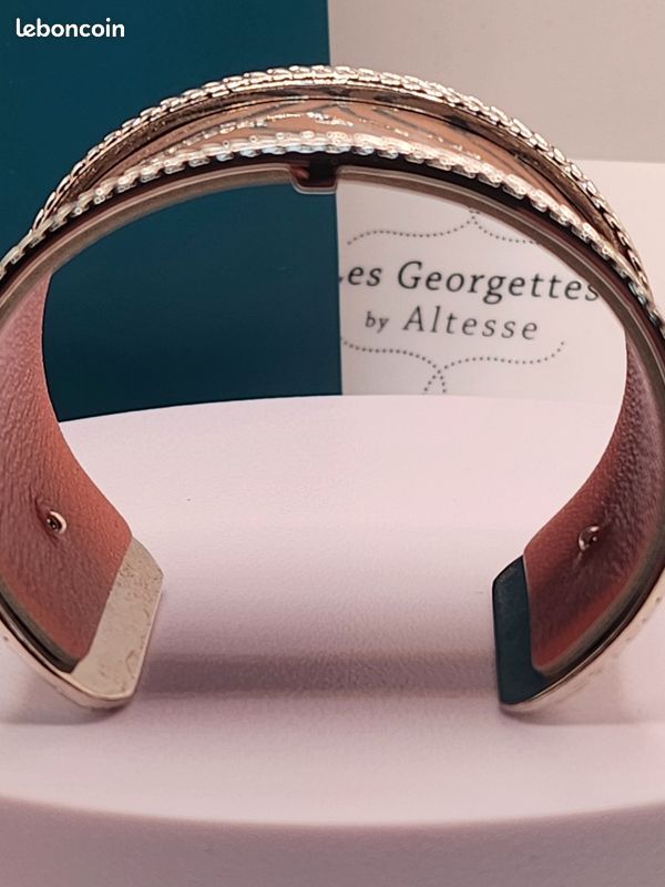 Bracelet Manchette Les Georgettes By Altesse - Cœur En Cuir Rose Clair, Laiton Doré, Ajustable, Occasion