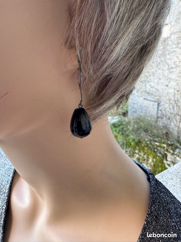 Boucles D'oreilles Gouttes En Onyx Noir Et Argent Sterling 925 - Vintage, Neuves Sans Emballage