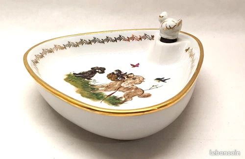 Ancienne Assiette à Bouilli Bébé en Porcelaine Triangulaire Décors Chiens Chats (image 7)