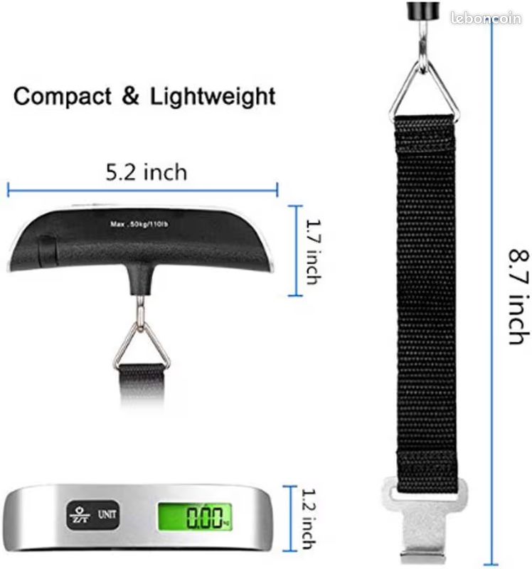 Balance De Pêche Numérique 50 Kg – Étanche – Écran LCD Rétroéclairé – Mètre Ruban Intégré 1 M – Tare, Verrouillage – ABS Noir