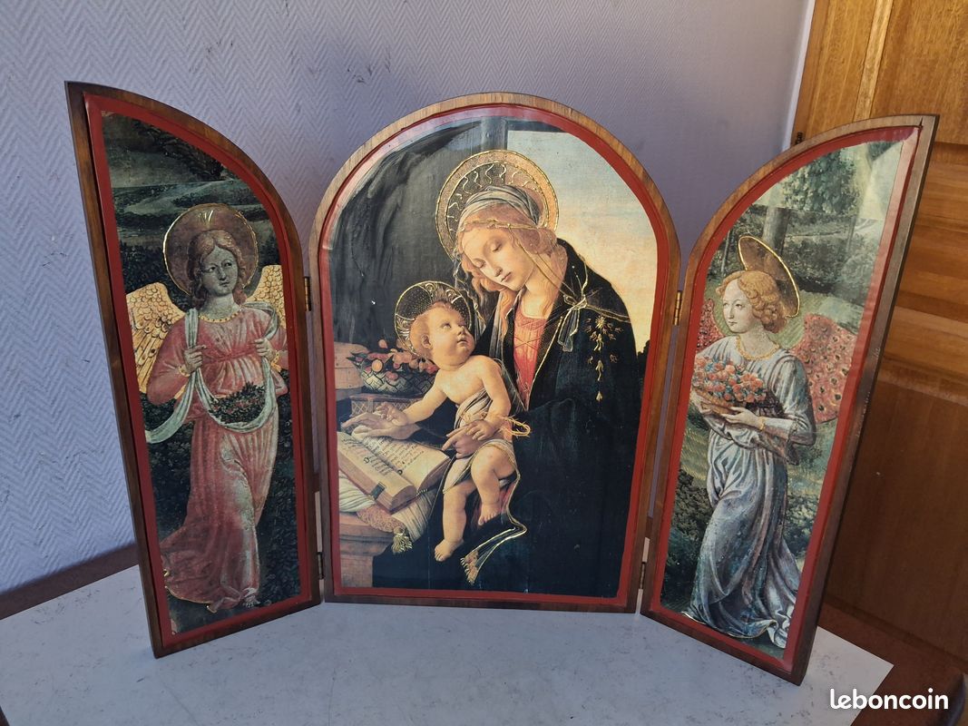 Ancien triptyque en bois épais vierge-jésus-anges vintage (image 1)