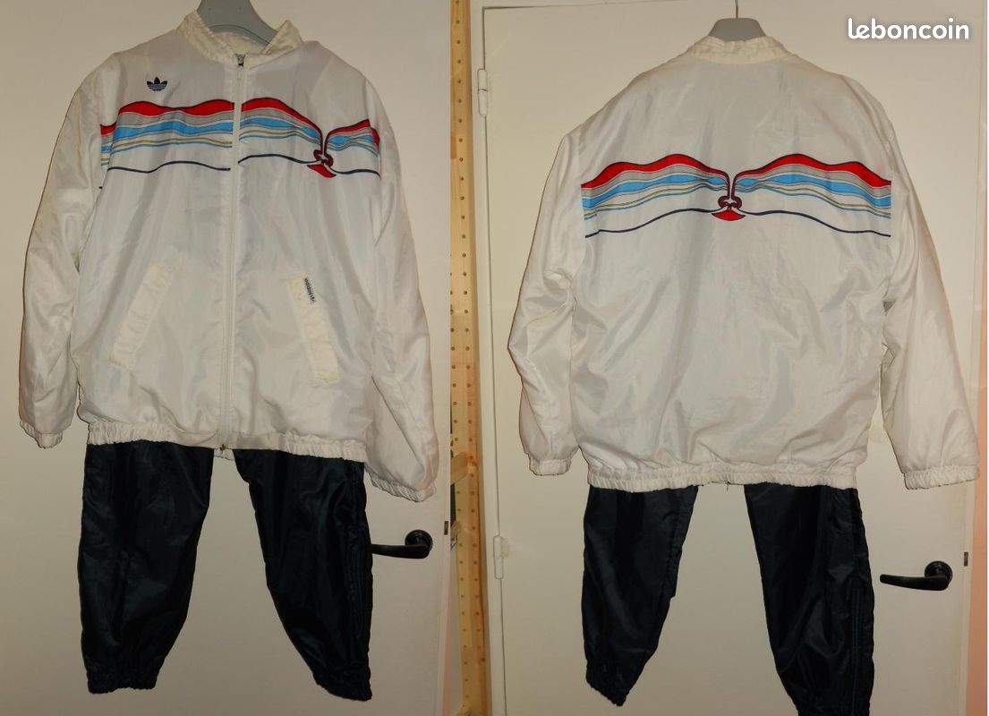 Veste Vintage Adidas Firebird Superstar Bleu Marine & Blanc Taille L - Années 70