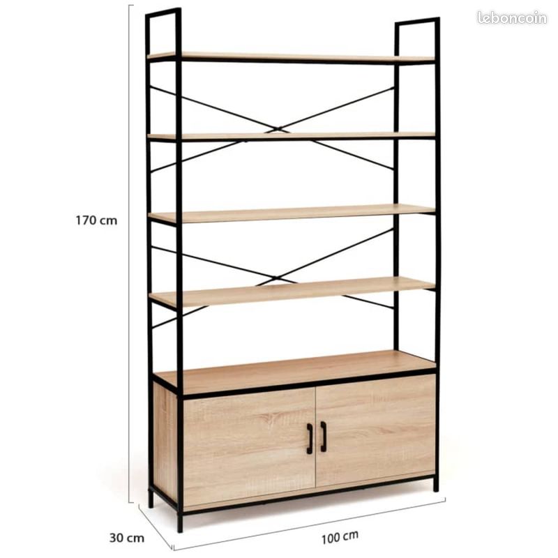 Étagère Bibliothèque XL 5 Niveaux avec Placard – Design Industriel Bois et Métal Noir – Hauteur 170 cm (image 2)