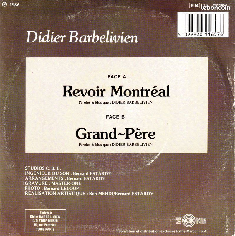Didier Barbelivien, revoir Montréal ( vinyl 45 tours ) (image 2)