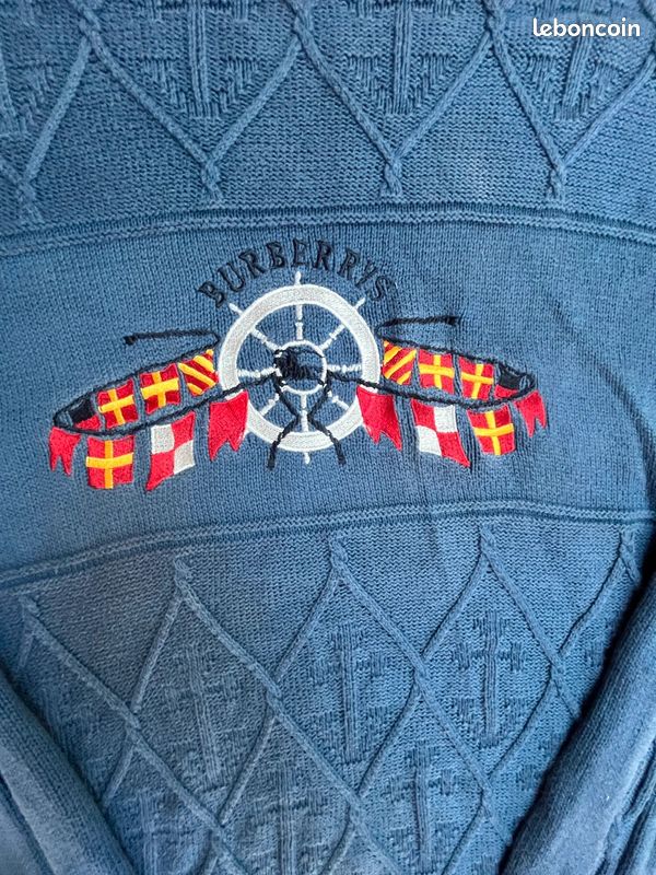 Pull Burberrys Vintage Made in England – Broderie nautique –100% Coton – Bleu Taille XL (image 2)