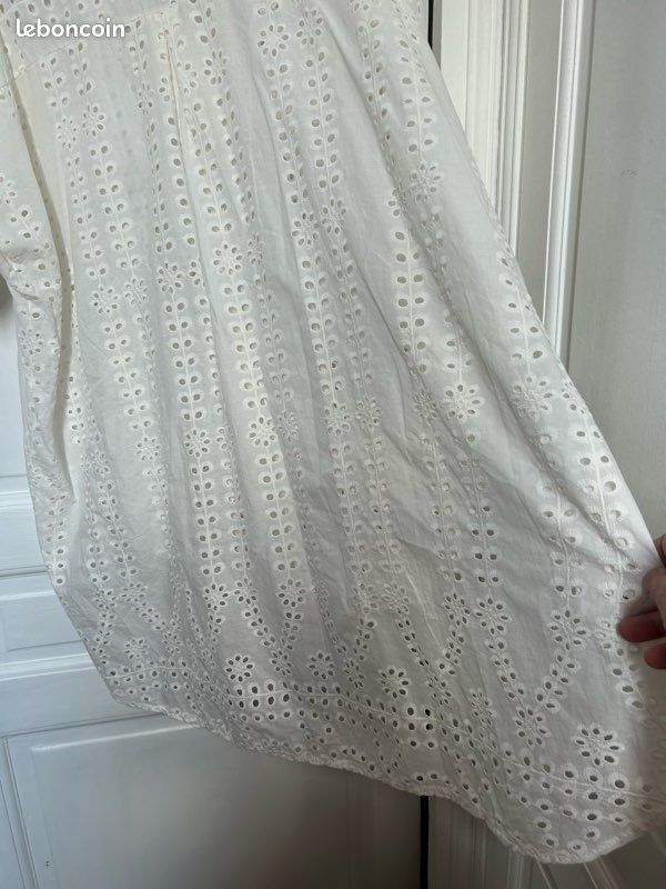Chemise longue coupe liquette -blanc cassé - coton, broderies anglaises, sequins - TU jusqu’au 52 - neuve (image 10)