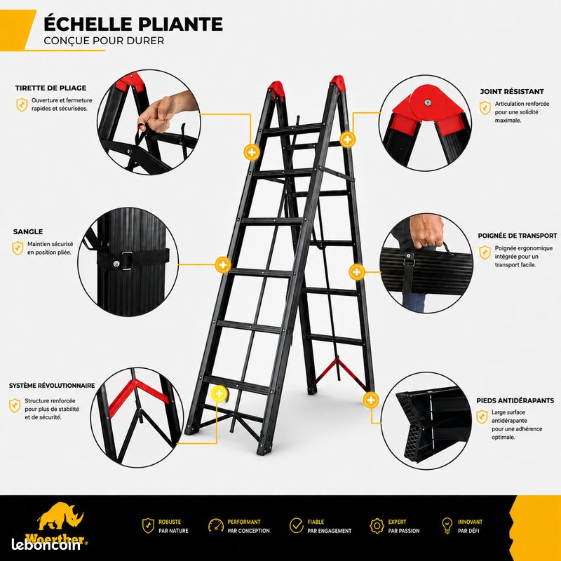 Escabeau pliant 2,10 m Woerther – N°1 en France, ultra compact et stable. Double pliage accordéon innovant, rangement facile, sécurité optimale et confort d'utilisation pour tous vos travaux (image 2)
